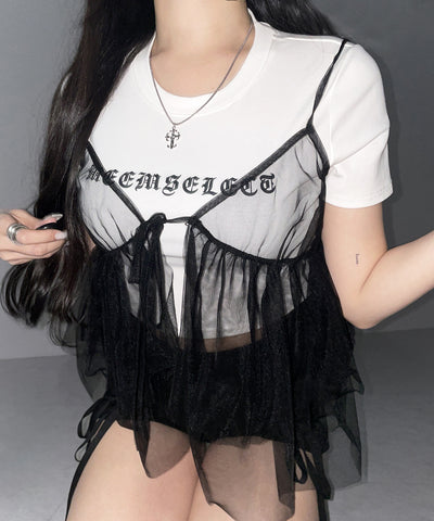 フロントリボンチュールキャミソール ／ front ribbon tulle camisole