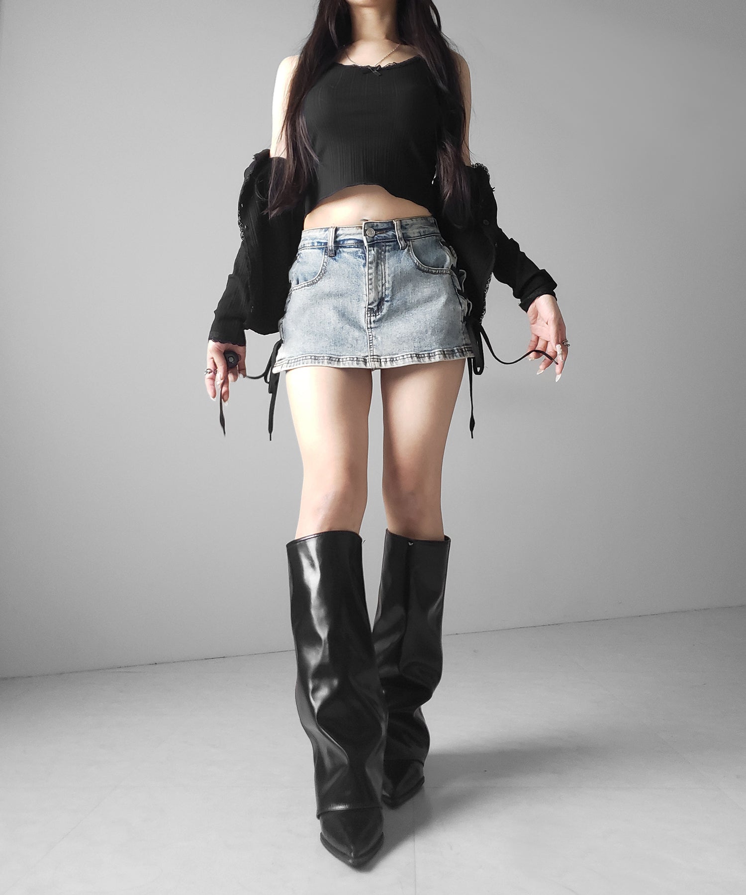 【 インパン裏地付き 】レースアップマイクロデニムミニスカパン ／ Lace-up micro denim mini skirt pants