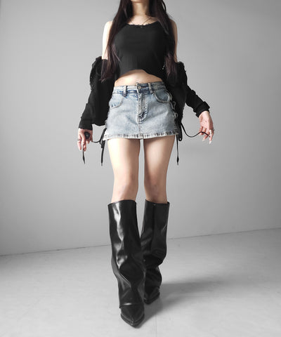 【 インパン裏地付き 】レースアップマイクロデニムミニスカパン ／ Lace-up micro denim mini skirt pants