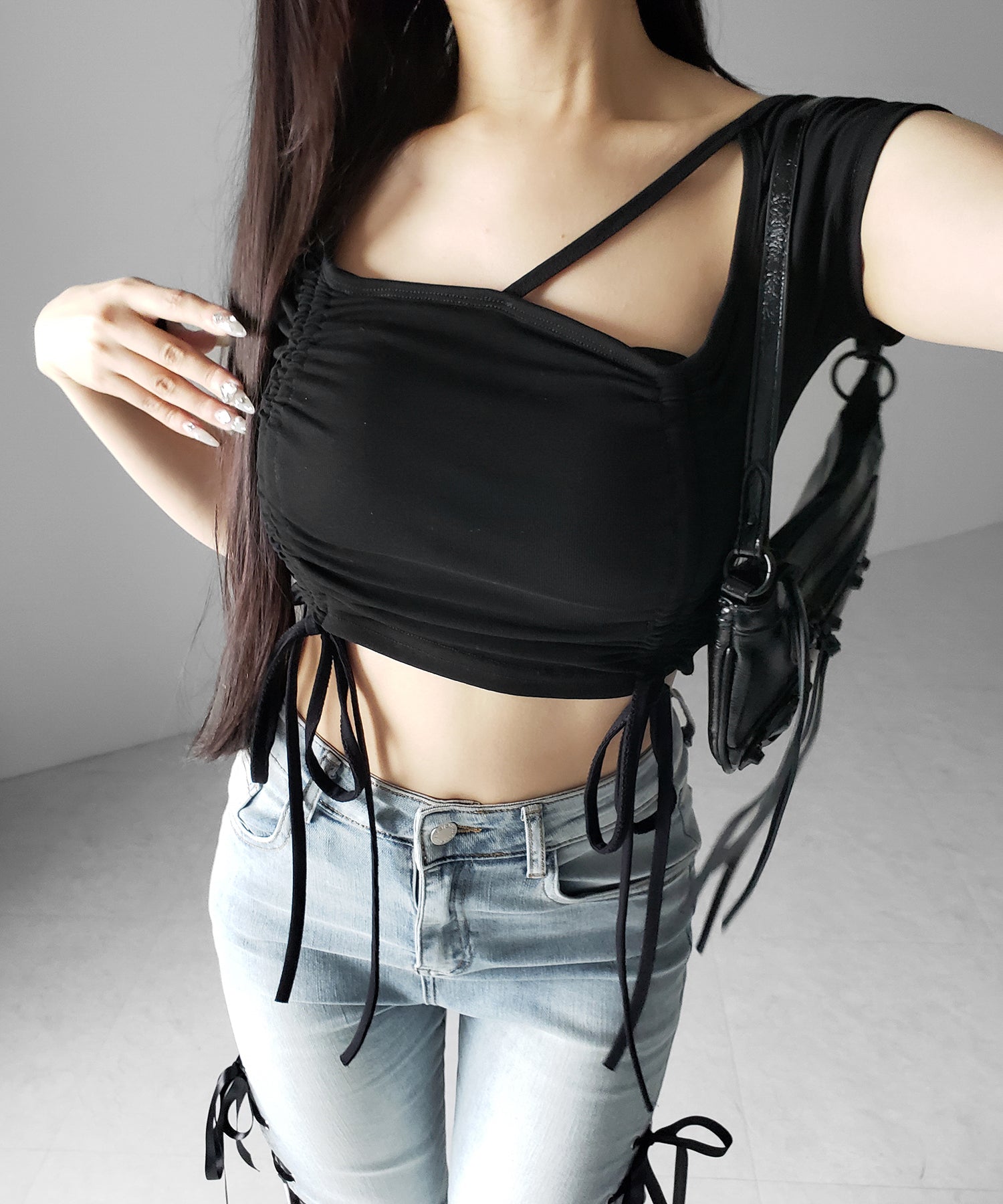 サテンリボンレースアップカットアウトストレッチフレアデニム ／ satin ribbon laceup cutout stretch flare denim