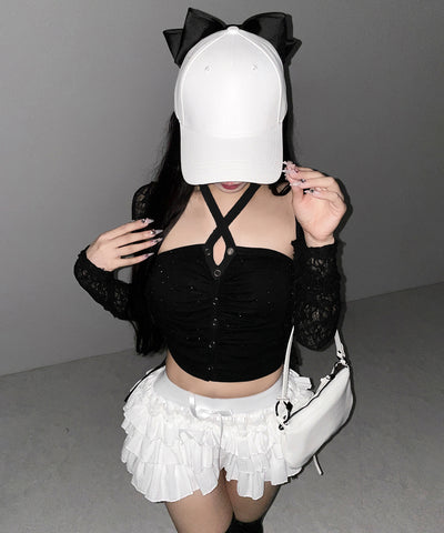 ラインストーンホルターネックスナップギャザーベアトップ ／ Rhinestone halter neck snap gathered bare top