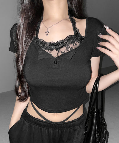 レースレイヤードホルターヘンリーネック半袖Ｔシャツ ／ lace layered halter henley neck short sleeve T-shirt