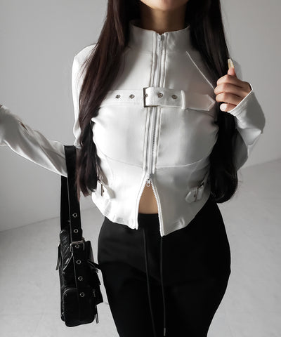 スタンドカラーベルテッドダブルジップスリムトップス ／ stand collar belted double zip slim tops