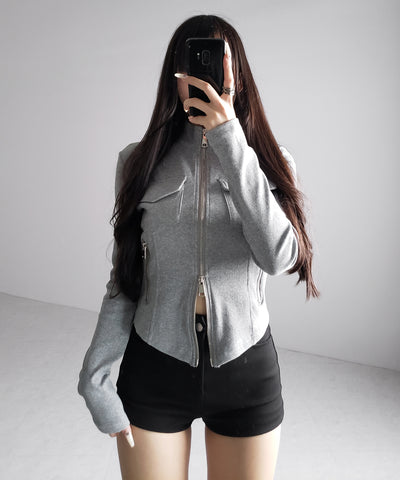 アウトポケットダブルジップスリムリブトップス ／ out pocket double zip slim ribbed tops