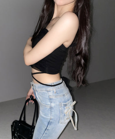ウエストクロスチュールドッキングベアトップ ／ waist cross tulle docking bare top