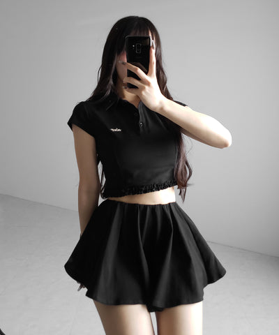 【 セットアップ 】ロゴプレート半袖トップス＋フレアミニスカパン SET ／( SETUP ) logo plate short sleeve tops + flared mini skirt pants