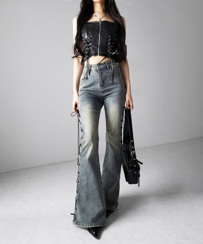 ダブルリボンレースアップフェイクレザーショートビスチェ ／ double ribbon laceup fake leather short bustier