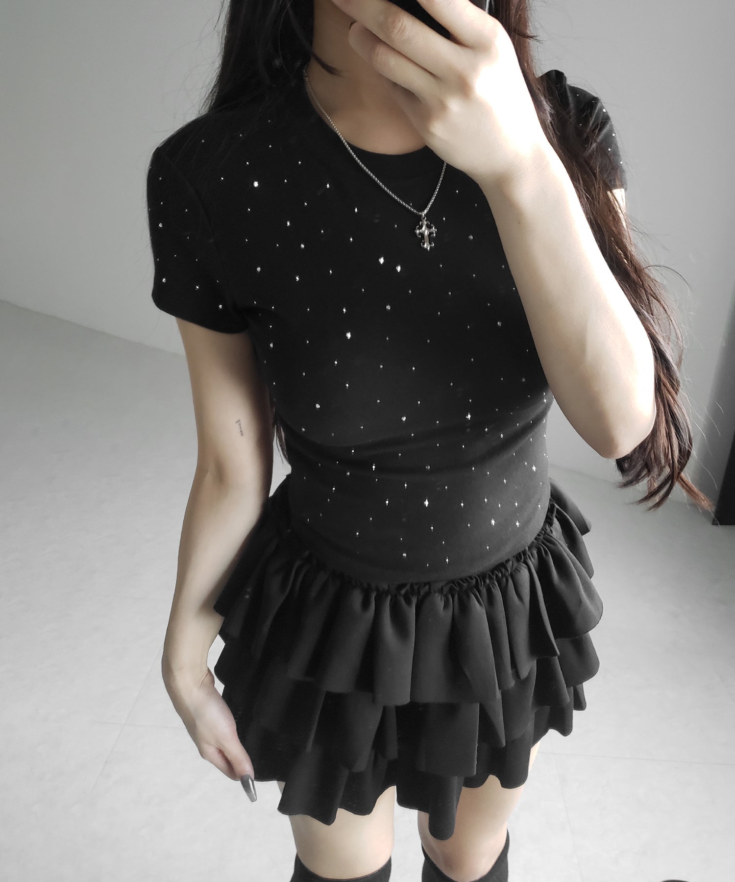 ラインストーン半袖タイトTシャツ ／ Rhinestone short sleeve tight