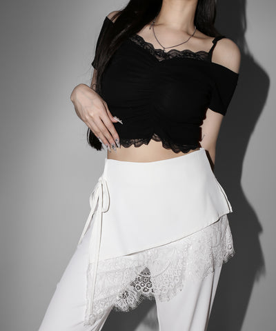 【３size 】レースレイヤードサイドリボンラップフレアスラックス ／ lace layered side ribbon wrap flare slacks