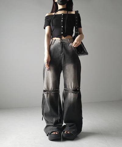 【 ４size ／ ２color 】カットアウトストラップヴィンテージルーズデニム ／ cutout strap vintage loose denim