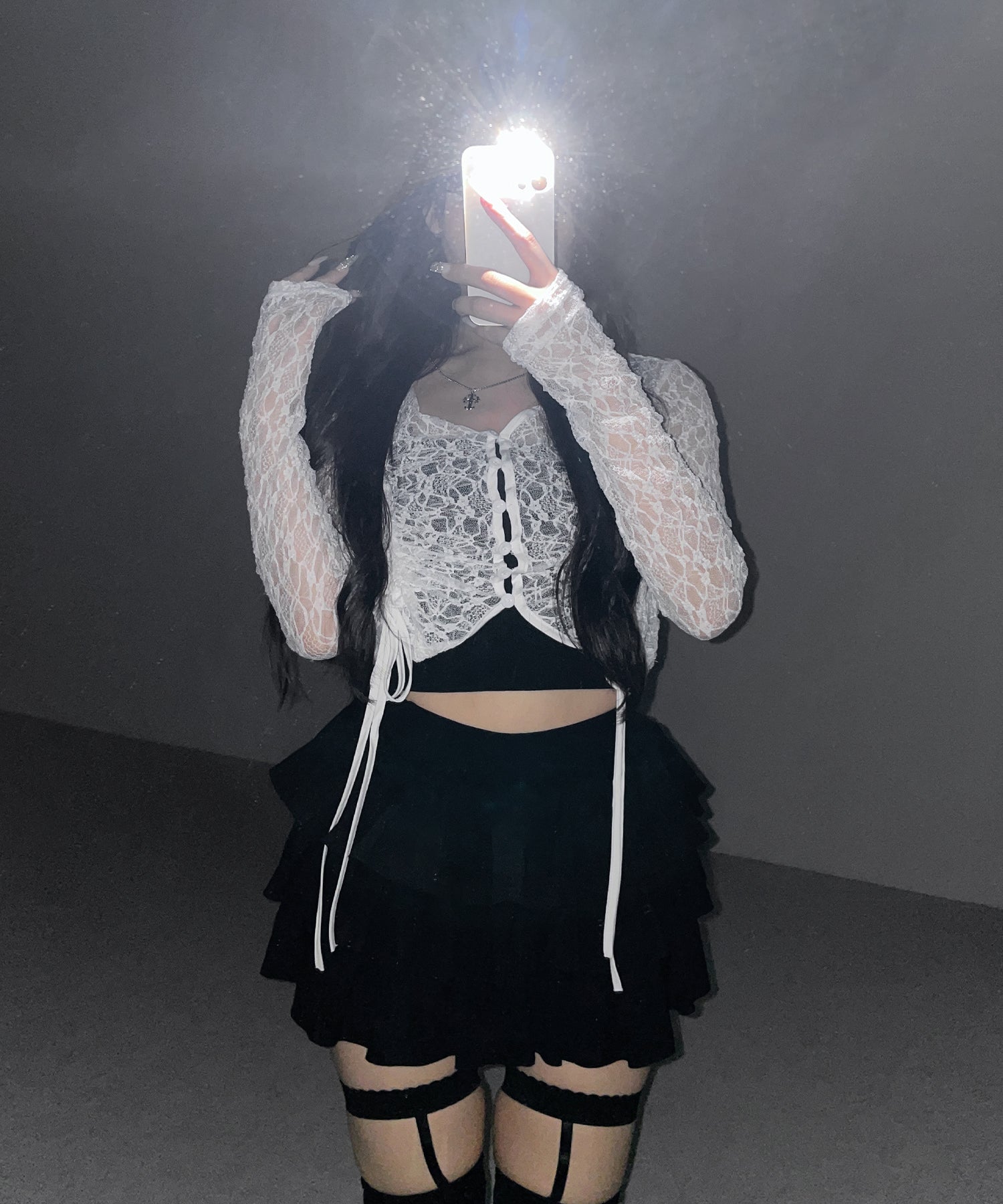 ダブルシャーリングショートレースカーディガン ／ double shirring short lace cardigan