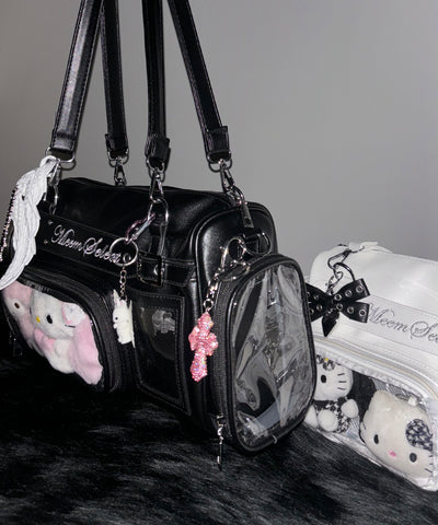 クリアポケット付きレタリング刺繍ショルダーバッグ ／ clear pocket lettering embroidery shoulder bag