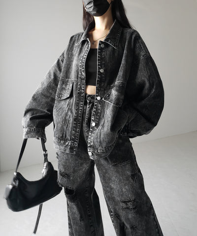 【 デニムセットアップ着用可能 】ヴィンテージケミカルブリーチタックダメージワイドデニム ／ vintage chemical bleach tuck damage wide denim