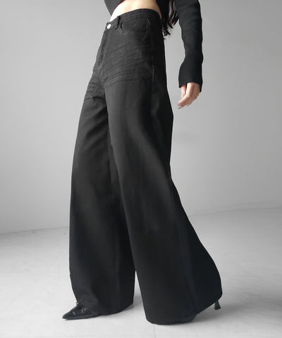 レタリングロゴ刺繍ハイウエストワイドブラックデニム ／ lettering logo embroidery high waist wide black denim