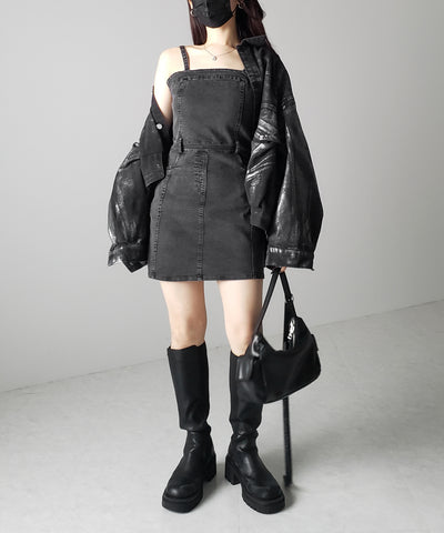【 ２color 】ウォッシュデニムハイウエストミニキャミワンピース ／ wash denim high waist mini cami onepiece