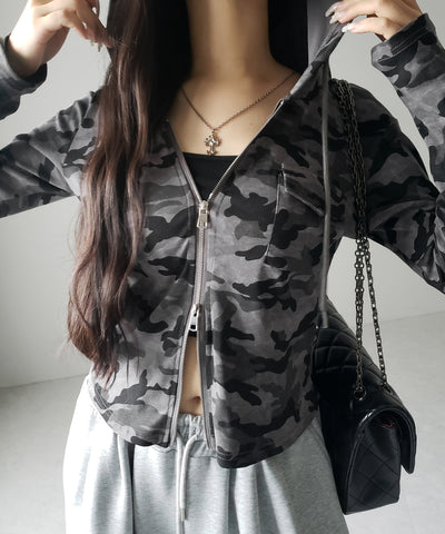 ヴィンテージカモフラダブルジップカットパーカー ／ vintage camouflage double zip cut hoodie