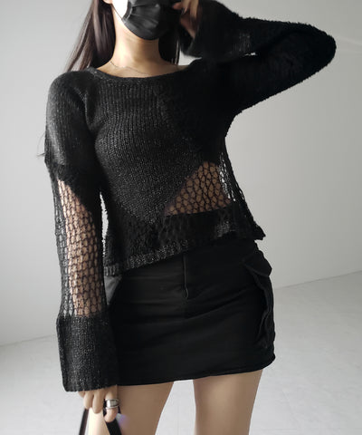 【 ２color 】異素材ドッキングスカシアミニットトップス ／ mixed material docking openwork knit tops