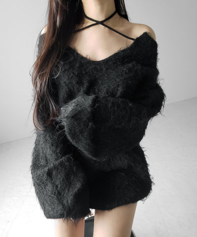 ストラップリボンオフショルオーバーシャギーニット ／ strap ribbon off shoulder over shaggy knit