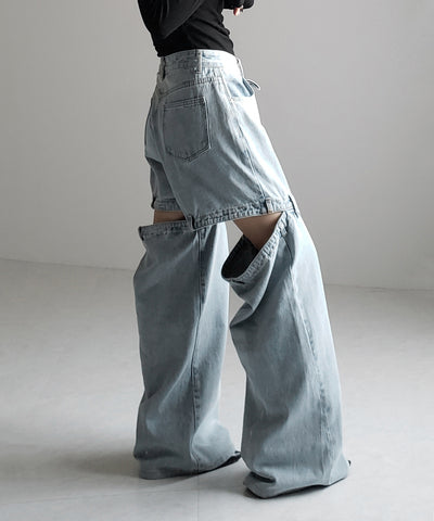 【 選べる３サイズ 】バックオープンカットアウトウォッシュワイドデニム ／ Back open cutout washed wide denim