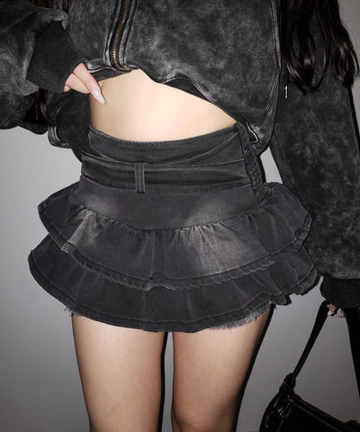 【 ２color 】ベルテッドフリルヴィンテージデニムミニスカパン ／ Belted frill vintage denim mini skirt pants