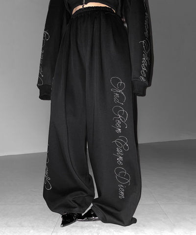 【 セットアップ可能 】ラインストーンロゴワイドスウェットパンツ ／ Rhine stone logo wide sweatpants
