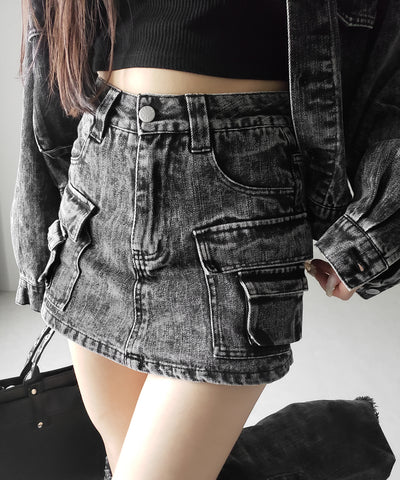 【 デニムセットアップ着用可能 】ヴィンテージケミカルブリーチカーゴデニムミニスカパン ／ vintage chemical bleach cargo denim mini skirt pants