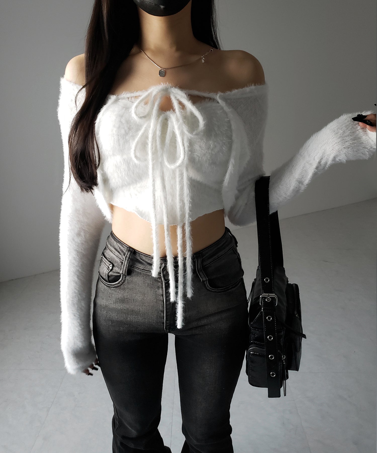 【 ２点セット 】シャギーリボンベアトップス ＆ ショートシャギーカーディガン SET ／ Shaggy ribbon bare tops & short shaggy cardigan