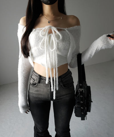 【 ２点セット 】シャギーリボンベアトップス ＆ ショートシャギーカーディガン SET ／ Shaggy ribbon bare tops & short shaggy cardigan