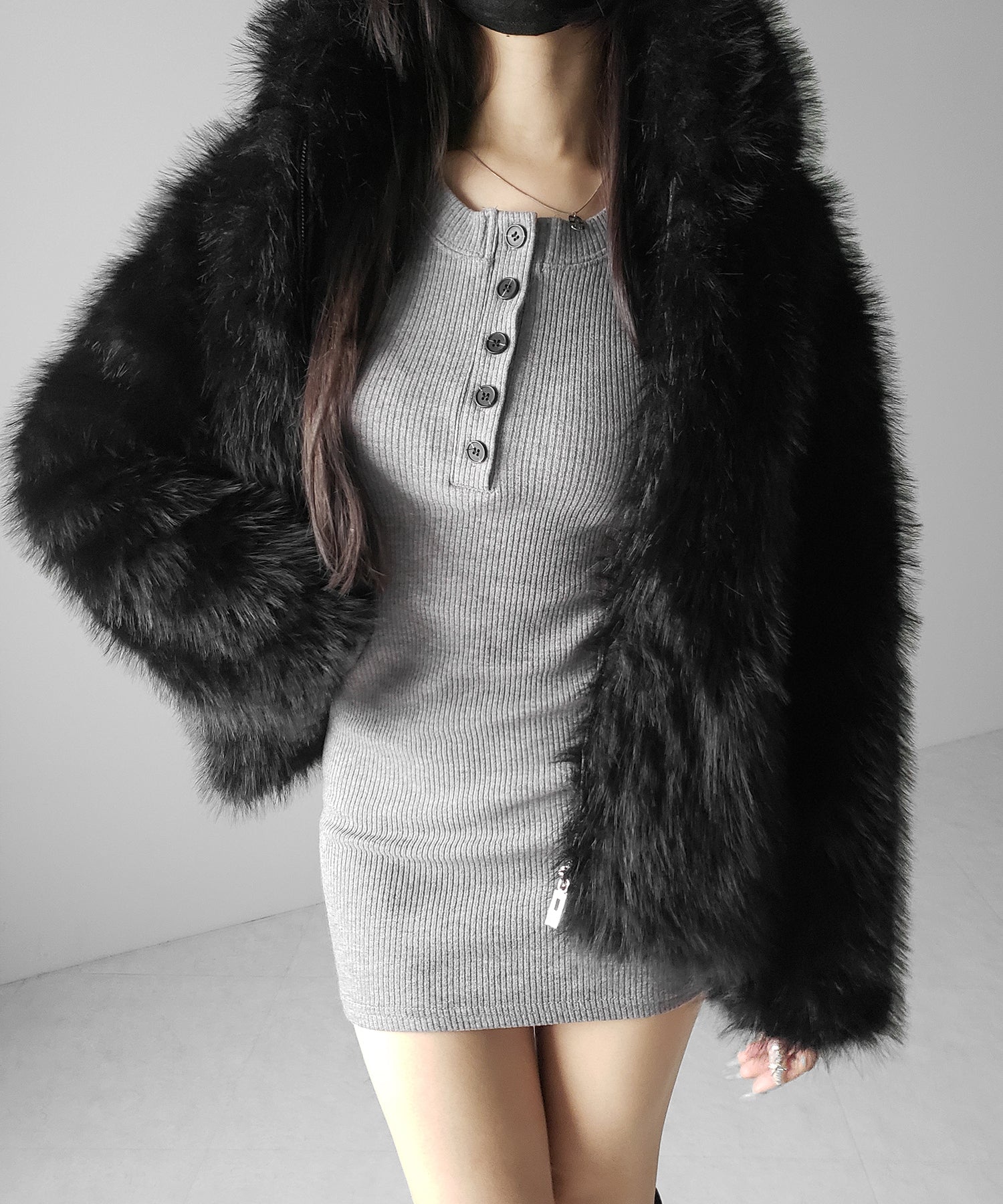 裏起毛ヘンリーネックタイトミニワンピース ／ urakimo henley neck tight mini onepiece