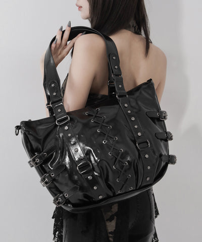 【 ショルダーストラップ付き２WAY 】レースアップベルテッドスタッズデザインヴィンテージショルダーバッグ ／ ( 2WAY ) laceup belted studs design vintage shoulder bag