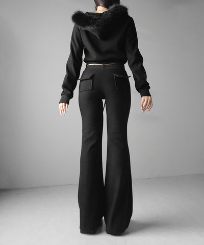 【 セットアップ 】ファーフードショートパーカー＆スウェットフレアパンツ ／ Fur short hoodie ＆ sweat flare pants SETUP