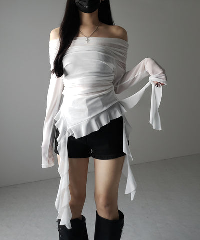 【 ２color 】アシンメトリーフリルオフショルシアートップス ／ asymmetrical frill off-shoulder sheer tops