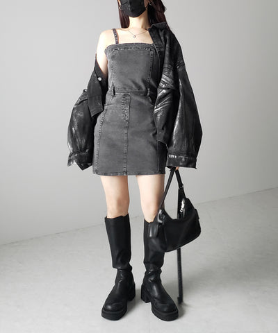 【 ２color 】ウォッシュデニムハイウエストミニキャミワンピース ／ wash denim high waist mini cami onepiece