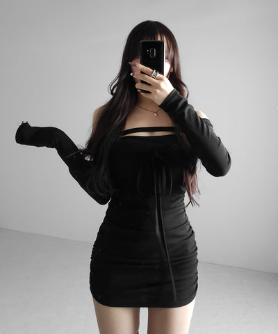 【 クロスネックにもできる３WAY 】フロントリボンオフショルワンホンタイトミニワンピース ／ front ribbon off shoulder wanghong mini onpiece