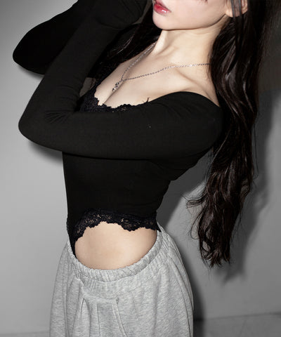 カットアウトレースポイントボディスーツトップス ／cutout lace point bodysuit tops
