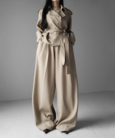 【 上下セットアップ 】ウエストマークショートトレンチコート ＋ タックワイドスラックスパンツ SETUP ／ Waist-mark short trench coat + tuck wide slacks pants