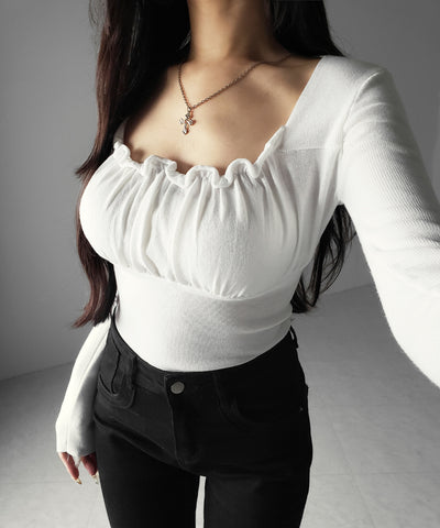 フリルギャザースクエアネック長袖ニットトップス ／ frill gather square neck longsleeve knit tops