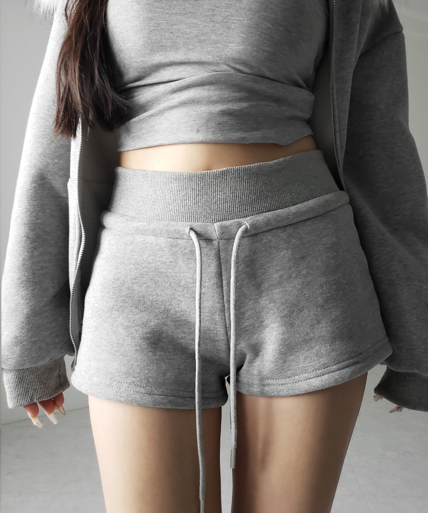 【 セットアップ 】裏起毛ファーフードオーバージップパーカー＆スウェットショートパンツ ／ Urakimo fur over zip hoodie ＆ sweat short pants SETUP