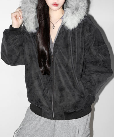 ファーフードヴィンテージフェイクレザーオーバーブルゾン ／ fur hooded vintage fake leather over blouson