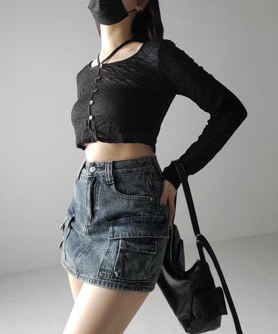 【 ３size ／ ２color 】ダブルポケットヴィンテージカーゴデニムミニスカパン ／ double pocket vintage cargo denim mini skirt pants