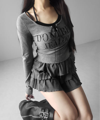 【 クロスネックにできる２WAY 】レースアップフェイクレイヤードロゴカットソートップス ／ laceup fake layered logo cutsew tops