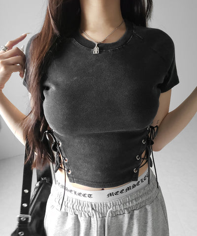 ヴィンテージサイドレースアップカットアウト半袖ショートTシャツ ／ vintage side lace up cutout short short sleeve T-shirts
