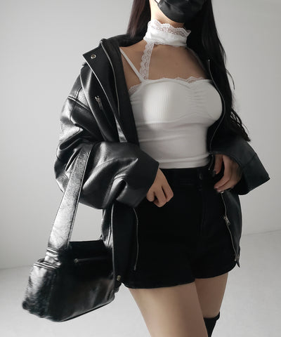 【 ２color ／ カップ付 】レースチョーカーストラップリブキャミソール ／ lace choker strap lib camisole