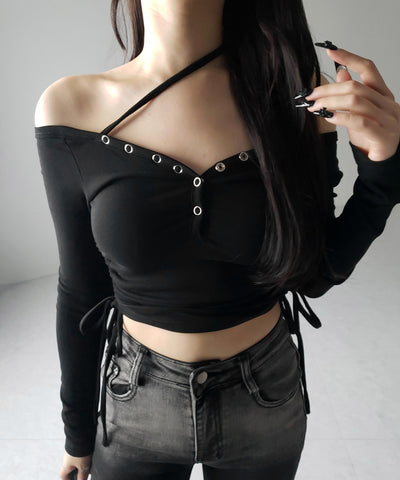 【 ２WAY ／ 裏起毛 】ナナメストラップスナップボタンシャーリングリボントップス ／ naname strap snap button shirring ribbon tops