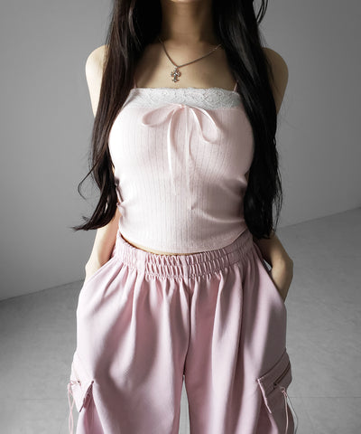 フロントリボンレースショートキャミソール ／ front ribbon lace short camisole