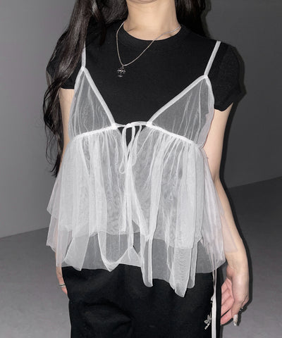 フロントリボンチュールキャミソール ／ front ribbon tulle camisole