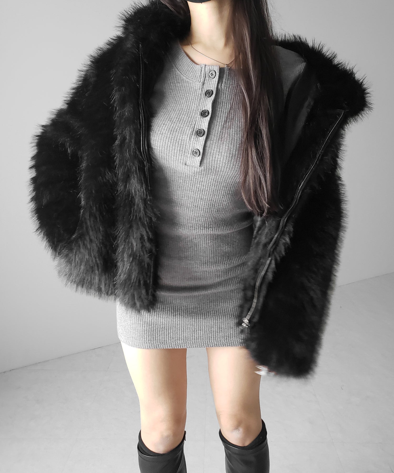 裏起毛ヘンリーネックタイトミニワンピース ／ urakimo henley neck tight mini onepiece