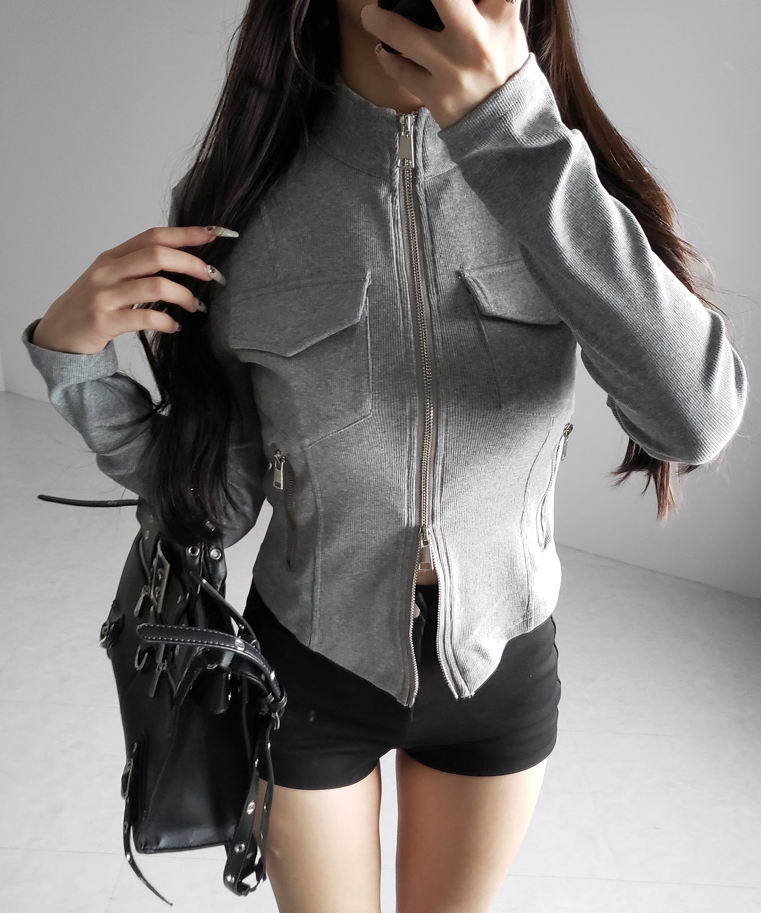 アウトポケットダブルジップスリムリブトップス ／ out pocket double zip slim ribbed tops