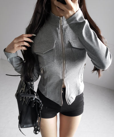 アウトポケットダブルジップスリムリブトップス ／ out pocket double zip slim ribbed tops