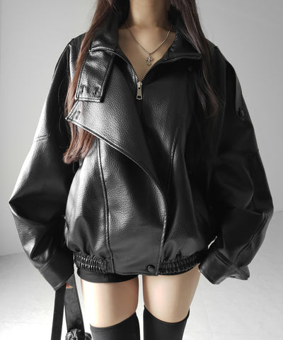 ヴィンテージフェイクレザースタンドカラージップアップブルゾン ／ 2WAY vintage fake leather stand collar zipup blouson